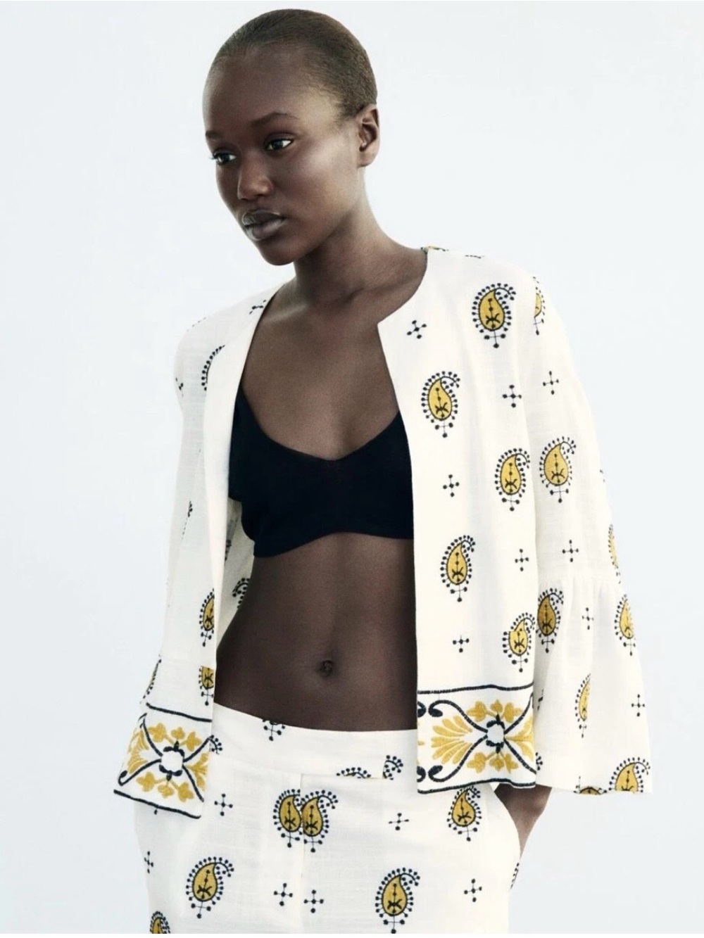 Zara White Blazer Jacket with Yellow and Black Print